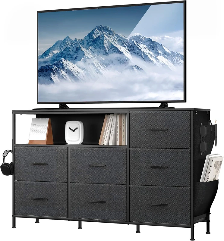 Feonase Chest of Drawers Bedroom, 7 Fabric Drawer Dresser with Open Storage Shelf & Metal Frame, Storage Organiser Unit with Side Pockets & Hooks, 30D x 120W x 72.5H, for Bedroom, Hallway, Black