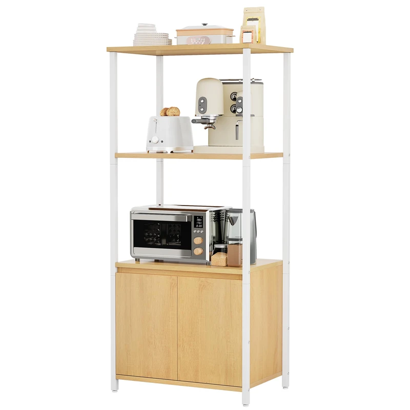 YITAHOME kitchen shelves, microwave shelf, bakers racks for kitchens with storage, coffee bar station, 3-Tier snack stand with Cabinet, 22 x 14.2 x 47.6 inch,Yellow oak plank White iron pipe