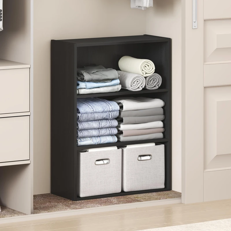 Furinno REED Closet Organizers and Storage, 3-Tier Closet Organizer, Open Shelf Closet Storage, for Wardrobe, Bedroom, Living Room, Blackwood