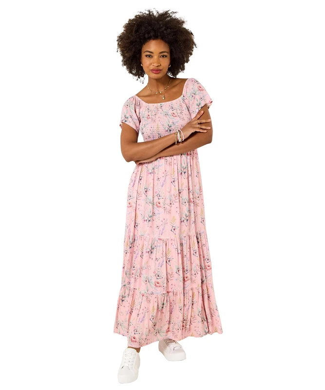 Joe Browns Women's Crinkle Butterfly Print Maxi Dress, Regular, Pink, UK 22