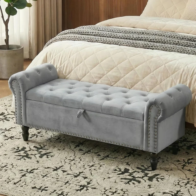 Clevich Ottoman Storage Bench, Velvet End of Bed Storage Box with Lid, Sturdy Wood Legs Footrest, 168KG Load Capacity, Sofa Bench for Bedroom/Living Room, 133x53x46cm