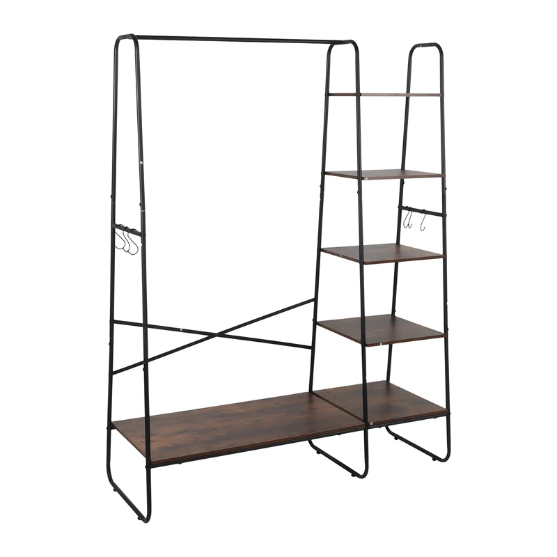 Relaxdays Coat Rack with 6 Shelves and Hooks, 160x120x45cm, Brown/Black