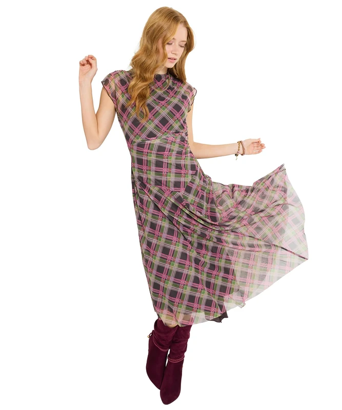 Joe Browns Women's Check Pattern High Neck Mesh Dress, Regular, Green, UK 20