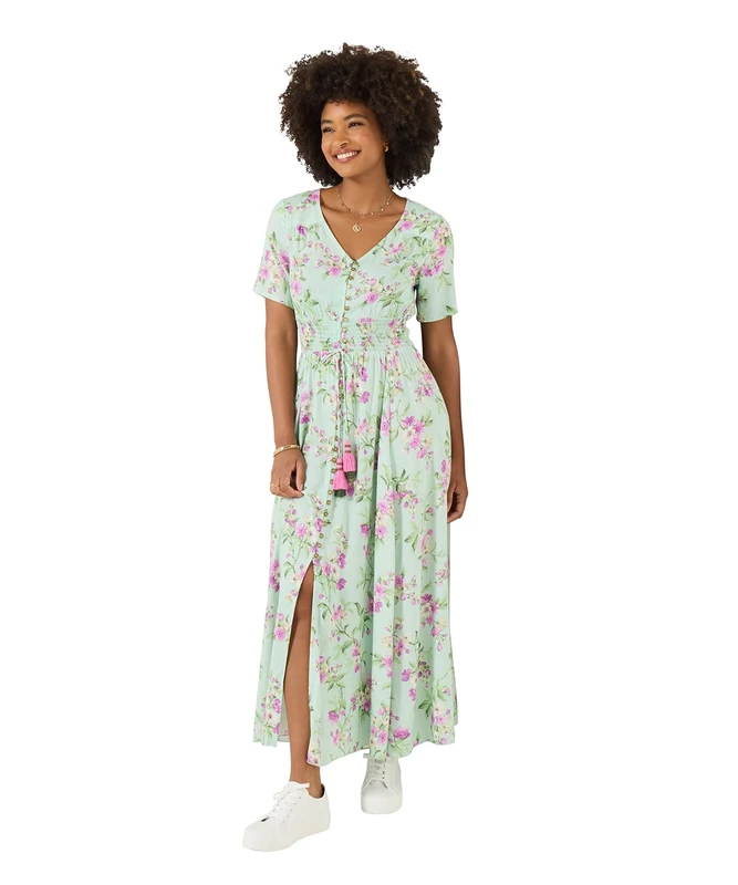 Joe Browns Women's Bold Summer Floral Shirred Waistband Maxi Dress, Slim, Green, UK 14 (Petite)