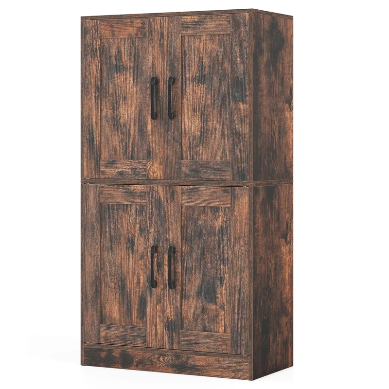 GiantexUK Tall Kitchen Cupboard, Pantry Storage Cabinet with 4 Doors, Adjustable Shelves & Anti-Tipping Device, Freestanding Kitchen Sideboard Units for Dining Living Room (Rustic Brown, 60x30x110cm)