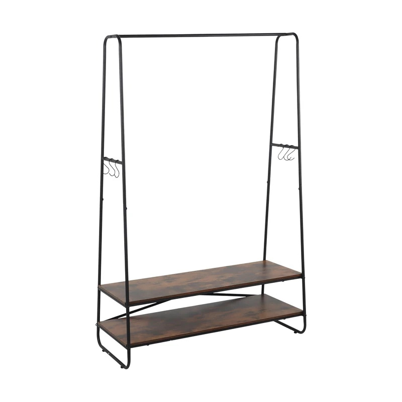 Relaxdays Coat Stand with 2 Shelves, 6 S-Hooks, Clothes Rail, 160x100x45 cm, Brown-Black