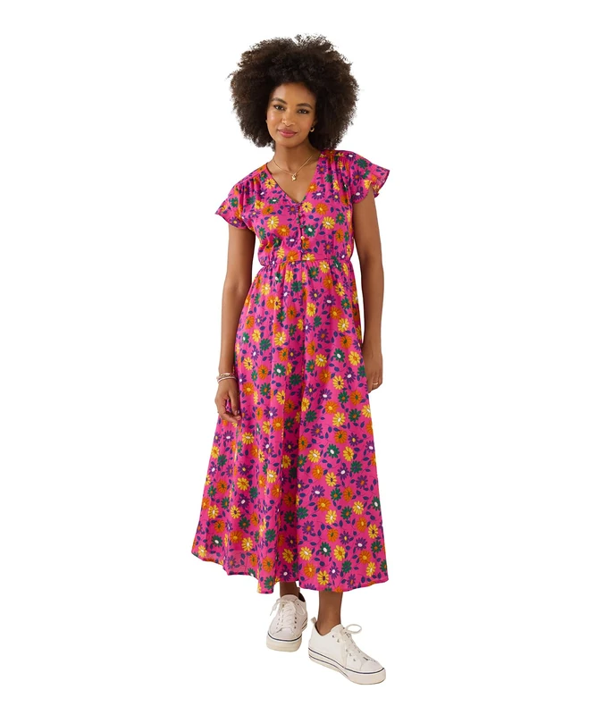 Joe Browns Women's Bold Floral Cotton Midi Dress, Regular, Pink, UK 18