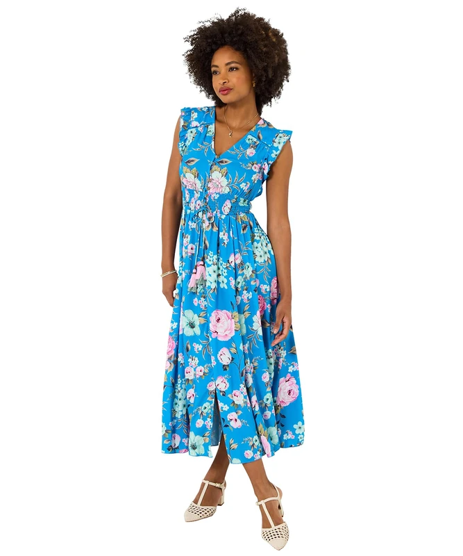 Joe Browns Women's Floral Tassel Tie Waist Maxi Dress, Slim, Blue, UK 18