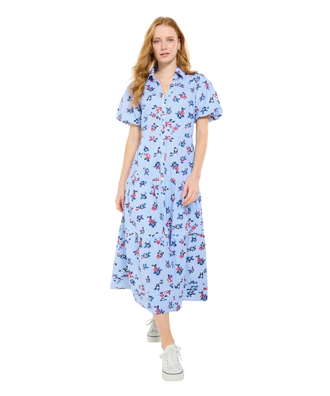 Joe Browns Women's Stripe and Floral Shirt Cotton Dress, Regular, Blue, UK 6