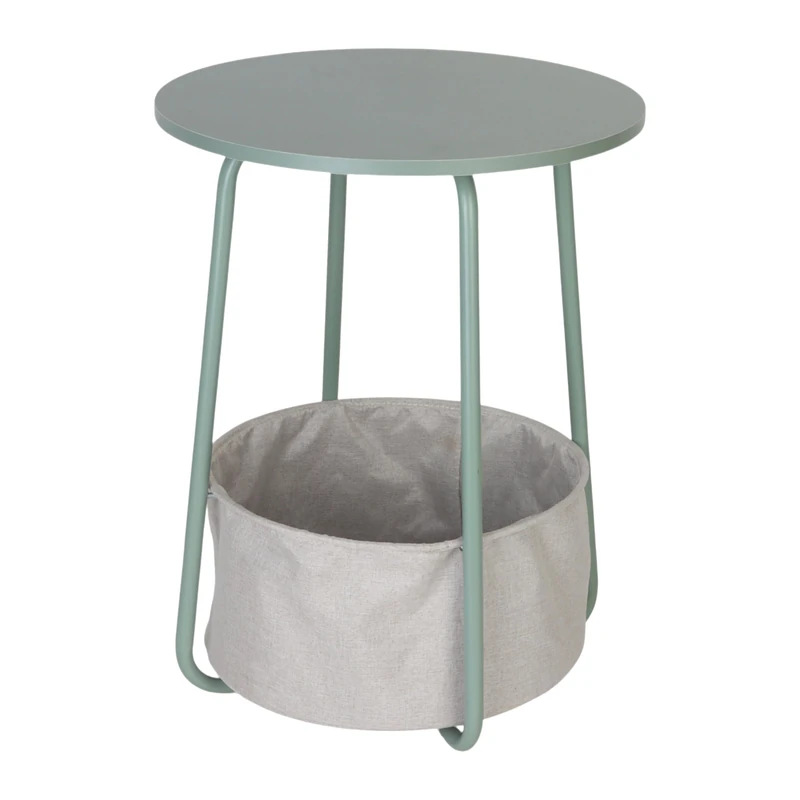 Relaxdays Round Coffee & Side Table with Fabric Basket, MDF & Metal, H 50 x D 40 cm, Mint/Grey