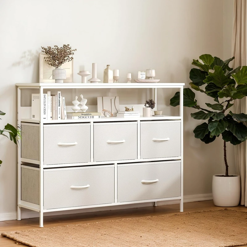 Feonase Chest of Drawers Bedrooms, 5 Drawers Storage Organizer Unit with Metal Frame & Wood Top, Fabric Dresser with Side Pocket, Chest Drawer for Bedroom, Closet, Hallway, Living Room (White)