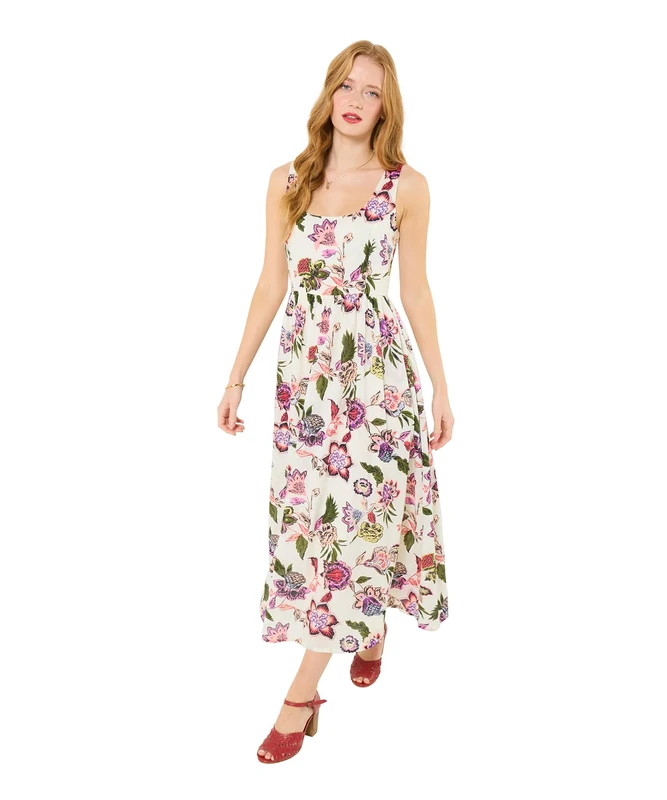 Joe Browns Women's Floral Print Cotton Dobby Dress, Slim, White, UK 14