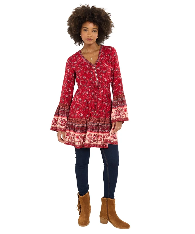 Joe Browns Women's Boho Contrast Trim Tunic Dress, Relaxed, Red, UK 22