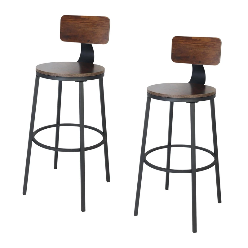 Relaxdays Bar Stools Set of 2 with Backrest, Wood-Effect & Metal, Industrial Kitchen, Brown/Black, 99 x 54 x 54 cm