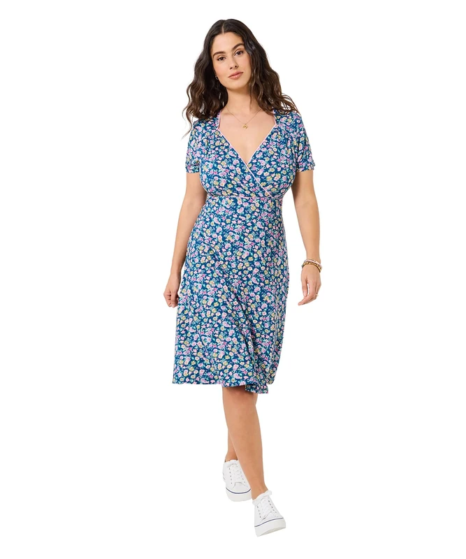 Joe Browns Women's Ditsy Print Mock Wrap Jersey Dress, Regular, Blue, UK 18