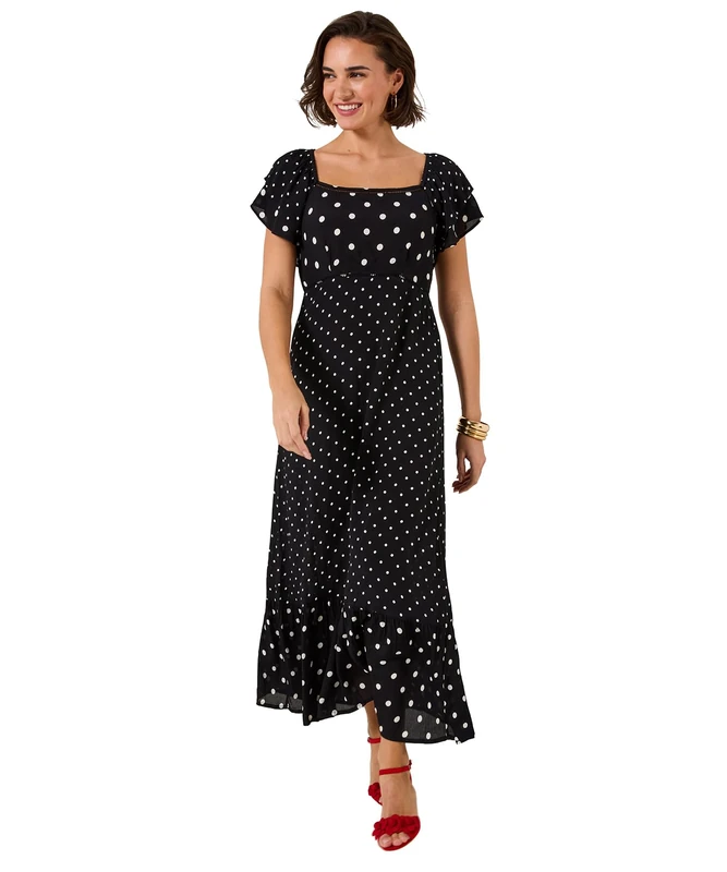 Joe Browns Women's Contrasting Polka Dot Tiered Maxi Dress, Slim, Black, UK 12 (Petite)