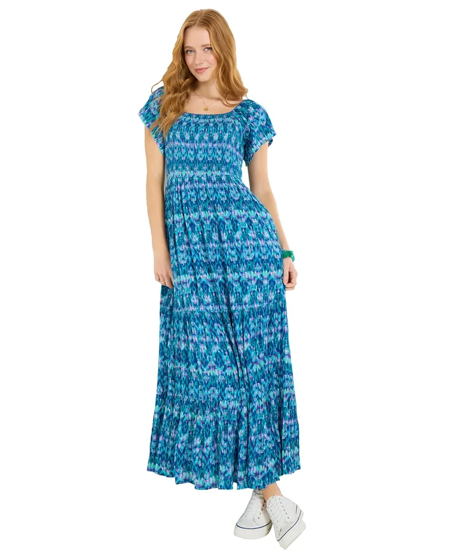 Joe Browns Women's Shirred Bodice Crinkle Maxi Dress, Slim, Blue, UK 8 (Petite)