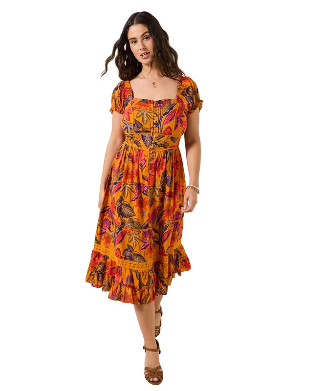 Joe Browns Women's Sweetheart Neckline Tropical Print Dress, Slim, Orange, UK 18