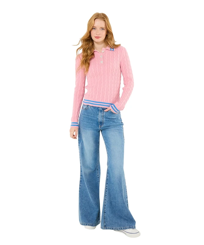 Joe Browns Women's Cable Knit Collared Jumper, Regular, Pink, UK 14