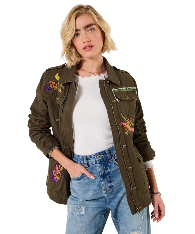 Joe Browns Women's Embroidered Military-inspired Casual Jacket, Relaxed, Green, UK 20