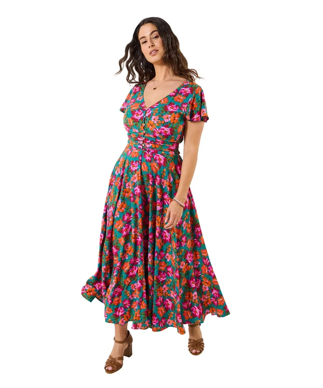 Joe Browns Womens Bold Floral Button Front Maxi Dress, Teal, 14 UK