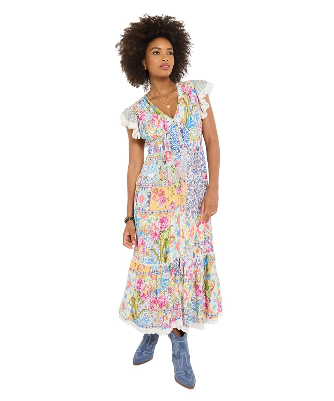 Joe Browns Women's Bold Patchwork Floaty Sleeve Maxi Dress, Slim, Multi, UK 14