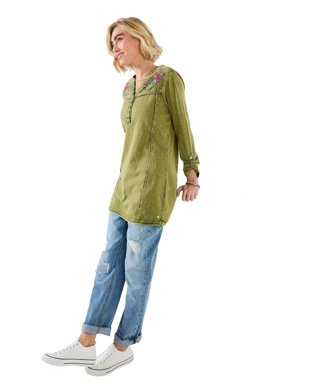 Joe Browns Women's Embroidered Jersey Floral Tunic Top, Relaxed, Green, UK 18