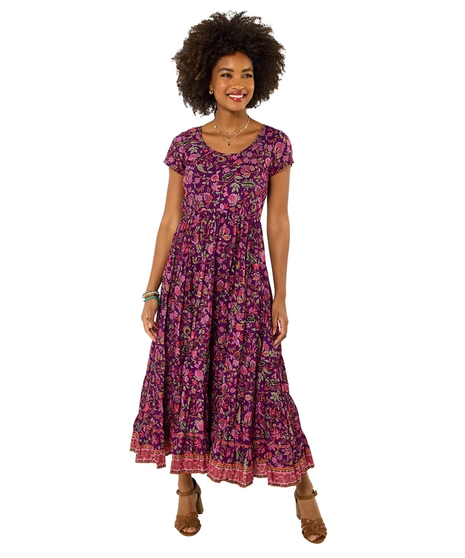 Joe Browns Women's Border Print Cotton Midi Dress, Regular, Purple, UK 8 (Petite)