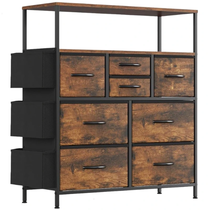 Feonase Chest of Drawers, Bedroom Dresser with 8 Fabric Drawers, Open Storage Shelf, Side Pockets, Wood Top & Metal Frame, Tall Storage Organizer Unit for Bedroom, Living Room, Rustic Brown