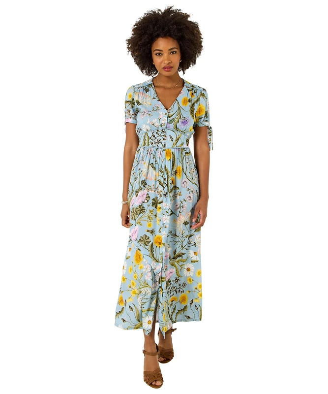 Joe Browns Women's Botanicals Print and Pompom Trim Maxi Dress, Regular, Blue, UK 12 (Petite)