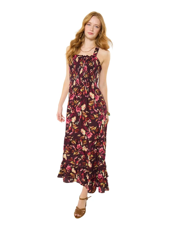 Joe Browns Womens Floral Tiered Cross Strap Maxi Dress, Berry, 8 Petite UK