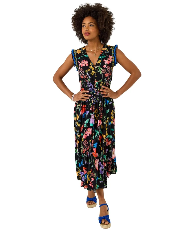 Joe Browns Women's Vibrant Floral Maxi Dress, Slim, Black, UK 14