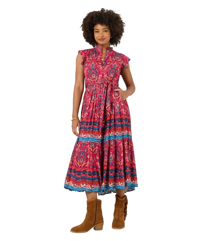 Joe Browns Women's Boho Mandarin Collar Maxi Dress, Slim, Red, UK 6 (Petite)