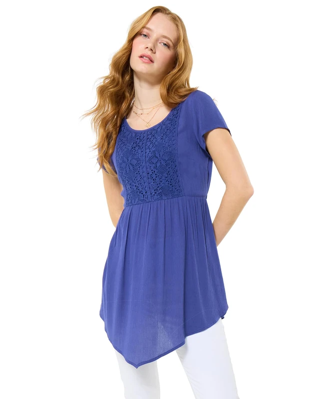 Joe Browns Women's Flowy Lace Detail Crinkle Tunic Top, Relaxed, Blue, UK 8