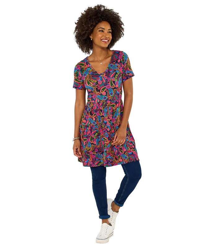 Joe Browns Women's Paisely Print V Neck Jersey Tunic Top, Relaxed, Pink, UK 16