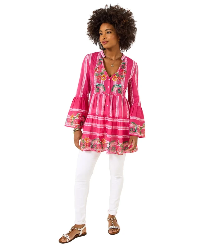 Joe Browns Women's Long Flared Sleeve Floral Cotton Tunic Dress, Relaxed, Pink, UK 8
