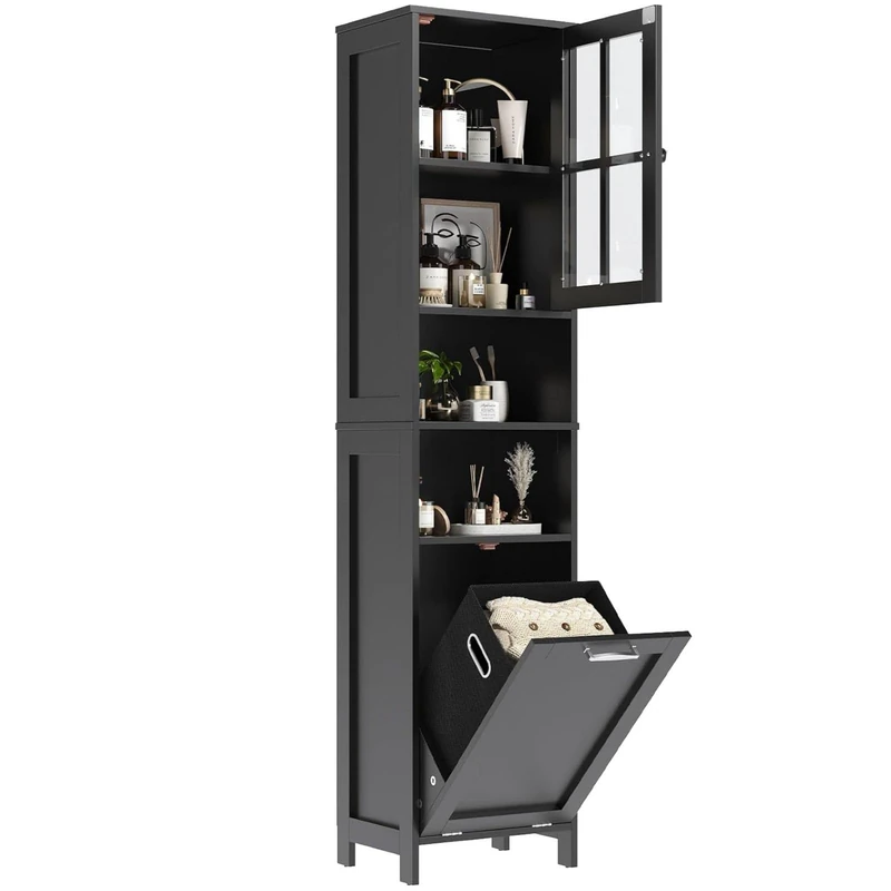 Feonase 67.5" Tall Bathroom Storage Cabinet with Laundry Basket, Slim Narrow Freestanding Cabinet with Adjustable Shelves for Small Space, Laundry Room, Kitchen, Living Room, Entryway, Black