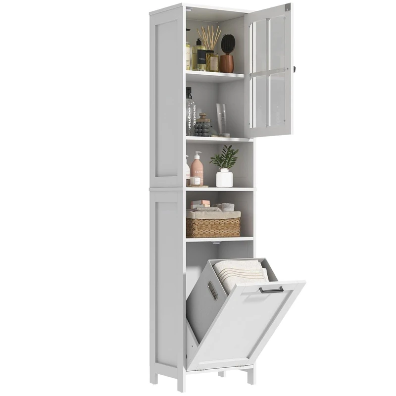 Feonase 67.5" Tall Bathroom Storage Cabinet with Laundry Basket, Slim Narrow Freestanding Cabinet with Adjustable Shelves for Small Space, Laundry Room, Kitchen, Living Room, Entryway, White