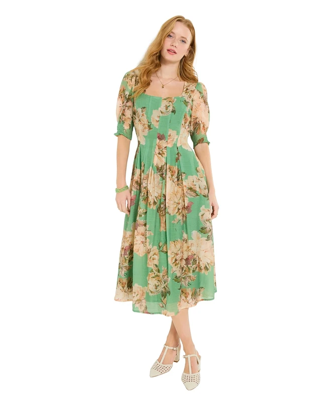 Joe Browns Women's Vintage Inspired Square Neck Floral Dress, Slim, Green, UK 14