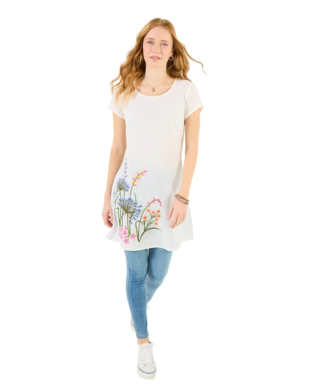 Joe Browns Women's Embroidered Floral Meadow Tunic, Relaxed, White, UK 18