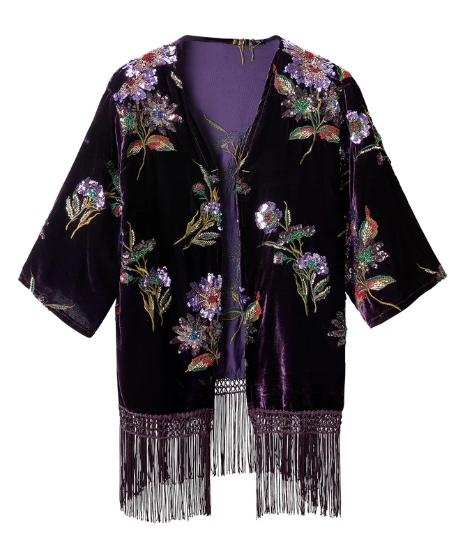 Joe Browns Women's Premium Sequin Velvet Kimono, Regular, Purple, UK M/L