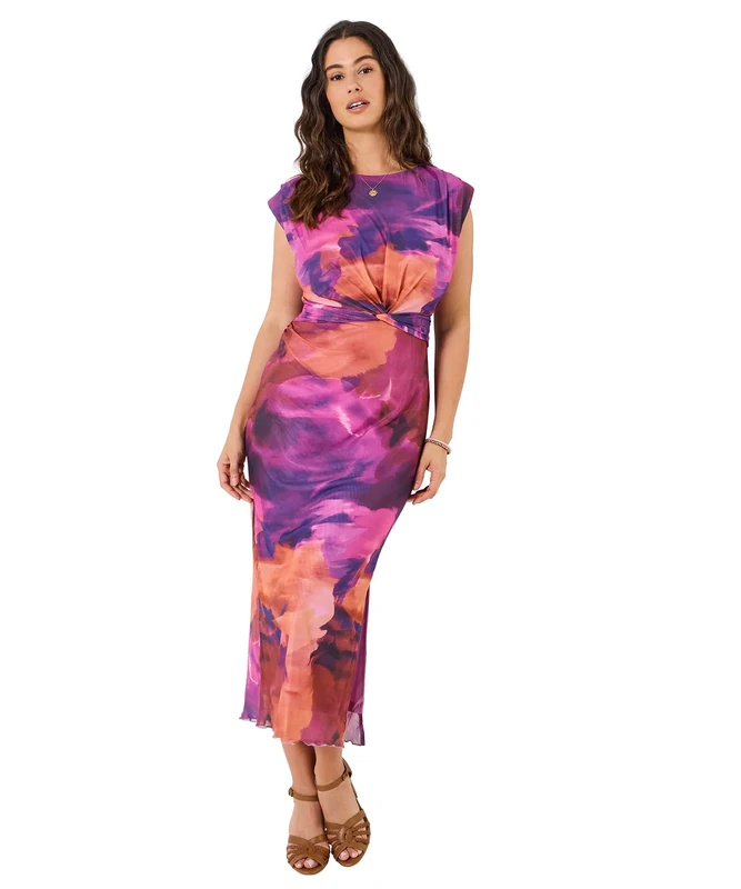 Joe Browns Women's Bold Pattern Knotted Waist Mesh Dress, Slim, Multi, UK 10