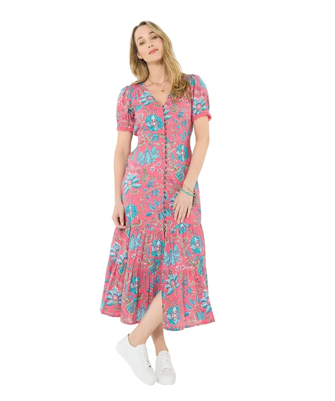 Joe Browns Women's V Neck Statement Print Button Front Dress, Regular, Pink, UK 8