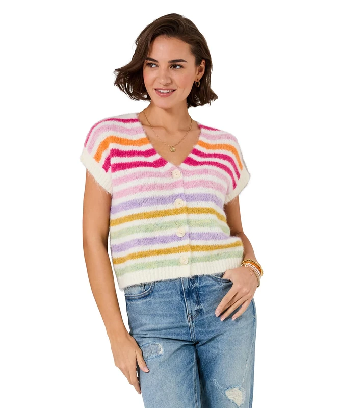 Joe Browns Women's Stripe V Neck Sleeveless Cardigan, Regular, Cream, UK 16