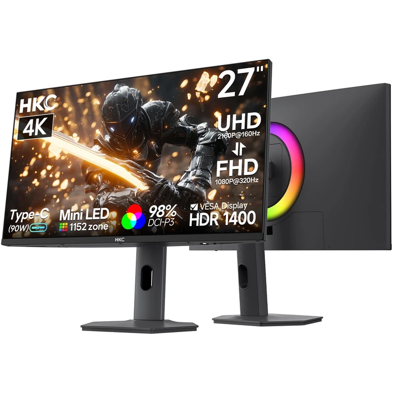 HKC 27 inch Mini LED IPS Gaming Monitor,UHD 160Hz/FHD 320Hz,1ms,HDR1400,98% DCI-P3,Adaptive Sync,USB-C 90W,2×HDMI 2.1,DP 1.4,Height Adjustable Stand,VESA 100×100