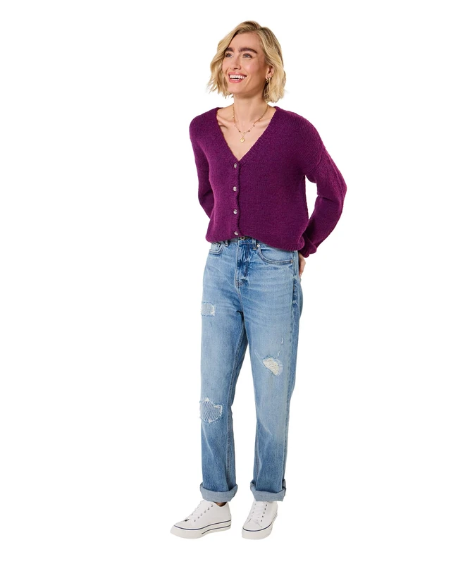 Joe Browns Womens Button Front Long Sleeve V-Neck Cardigan Sweater, Plum, 24 UK