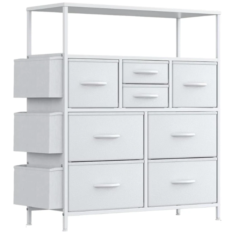 Feonase Chest of Drawers Bedroom, 8 Drawer Fabric Dresser with Wood Top, Open Storage Shelf, 3 Side Pockets & Metal Frame, Tall Storage Organizer for Bedroom, Living Room (White)