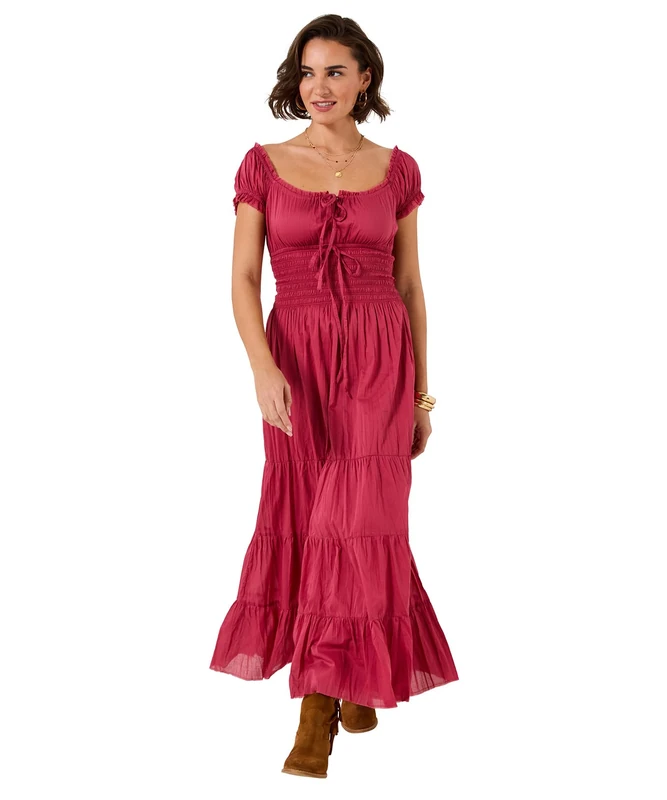 Joe Browns Women's Boho Cotton Shirred Waist Maxi Dress, Regular, Red, UK 20