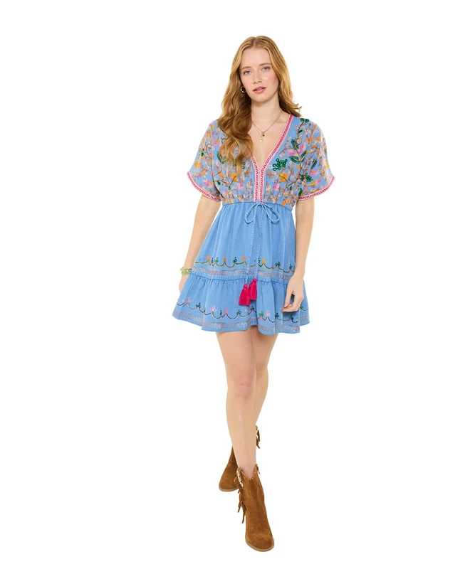 Joe Browns Women's Embroidered Denim Flared Sleeve Tunic Dress, Relaxed, Blue, UK 12