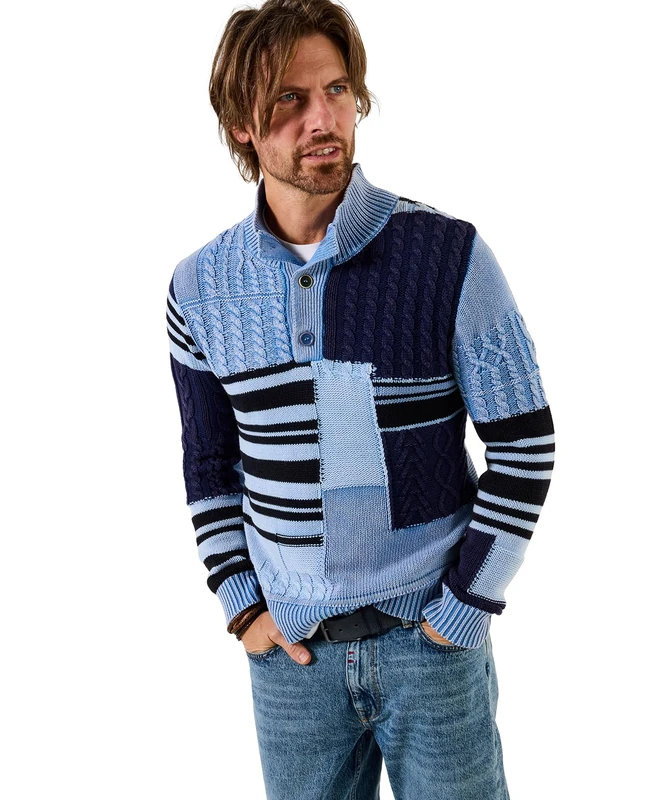 Joe Browns Men's Patchwork Cable Funnel Knit, Regular, Blue, UK S